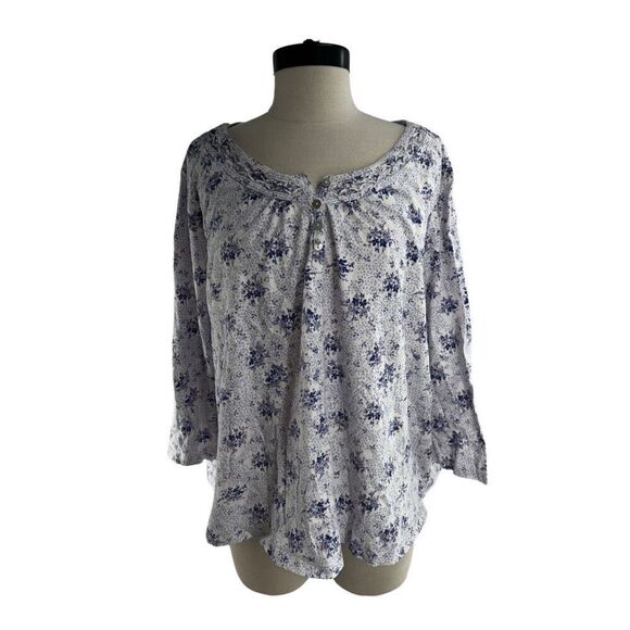Carole Hochman Floral 1/4 Button Pajama Top Sleepwear Blue White Size XL - Picture 2 of 7
